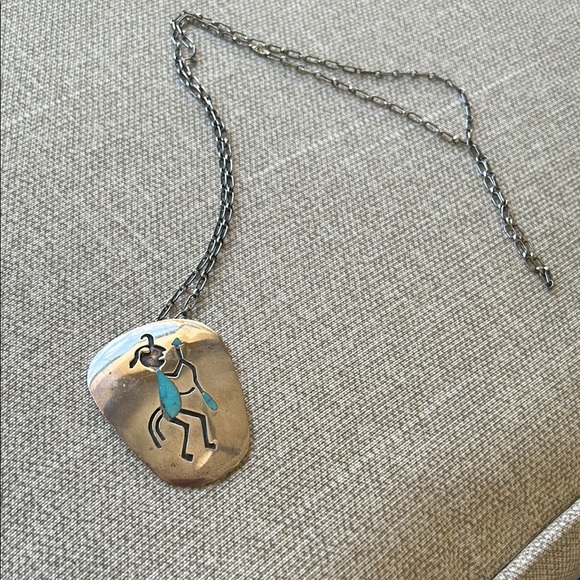 Authentic vintage turquoise and silver Kachina inlay pendant and chain necklace. - Picture 2 of 8